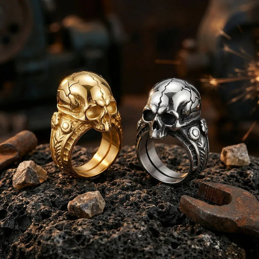 Kalen European American Gothic Skull Ring Punk Retro Dark Cracked Skull Stainless Steel Men Ring Jewelry