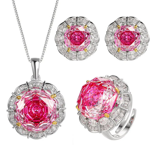 Gemfiori Luxurious Exquisite Rose Design Necklace Ring Women's Elegant Earrings Fashionable Women's Sparkling Zircon Set Accessories