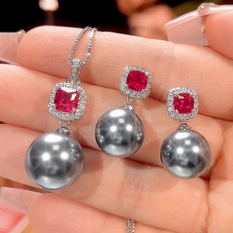 Gemfiori 2025 New Jewelry Brass Plated High Quality Grey Pearl Pendant Premium Set Holiday Gift
