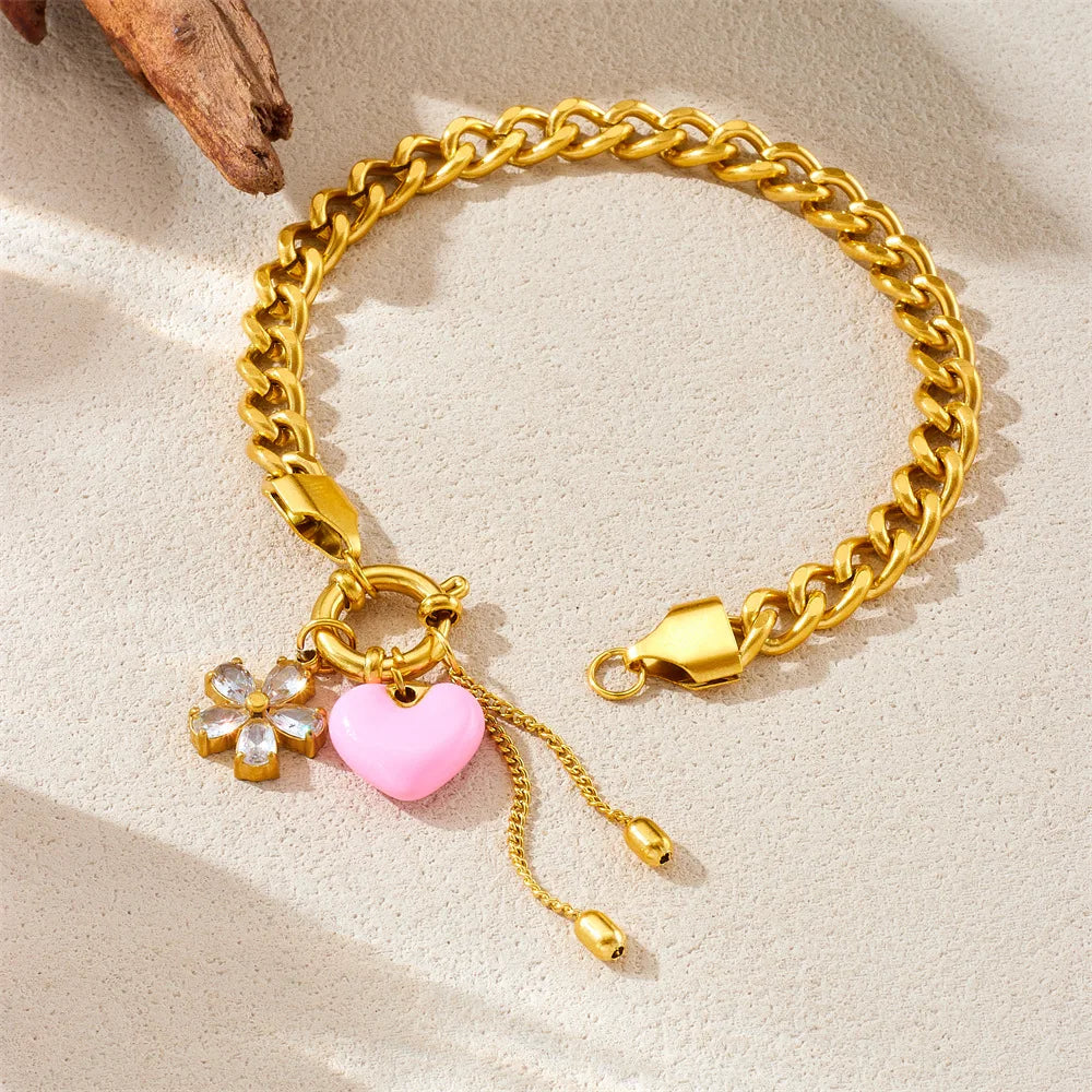 Hot Sell Fashion Stainless Steel Pink Heart Pendant Necklace and Bracelet Set Women Gold Jewelry Set