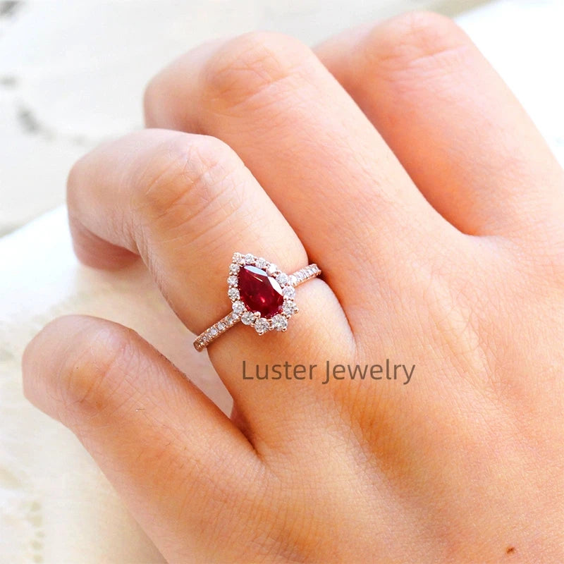Gemfiori Luster Jewellery 10/14/18k Wedding Red Ruby Moissanite Ring Gold Sterling Silver 925 Rings for Women