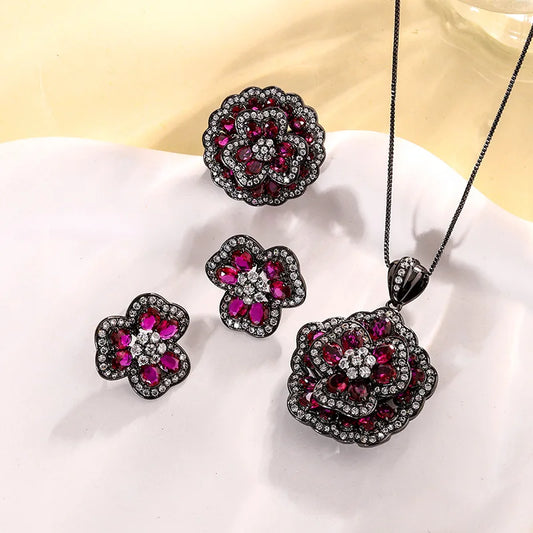 Gemfiori Vintage Camellia Necklace with Micro Inlaid Zirconia Pendant Light Luxury Fashion Ring Set