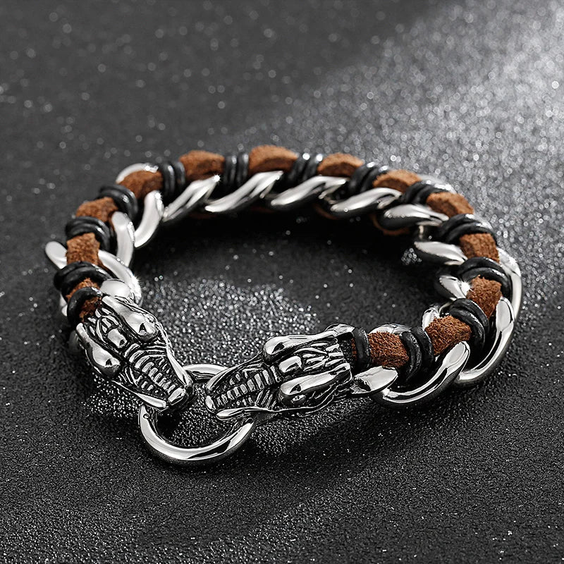 REBEL Fashion Mens Fashion Punk Stainless Steel Leather Dragon/Wolf Link Chain Bracelet