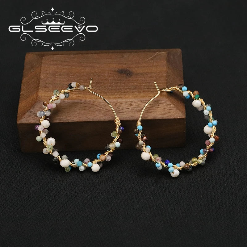 GLSEEVO 2022 Sells Hip Hop Colorful Natural Stone Gems Hoop Earrings Luxury Charm Women Gift Fine Jewelry Earrings