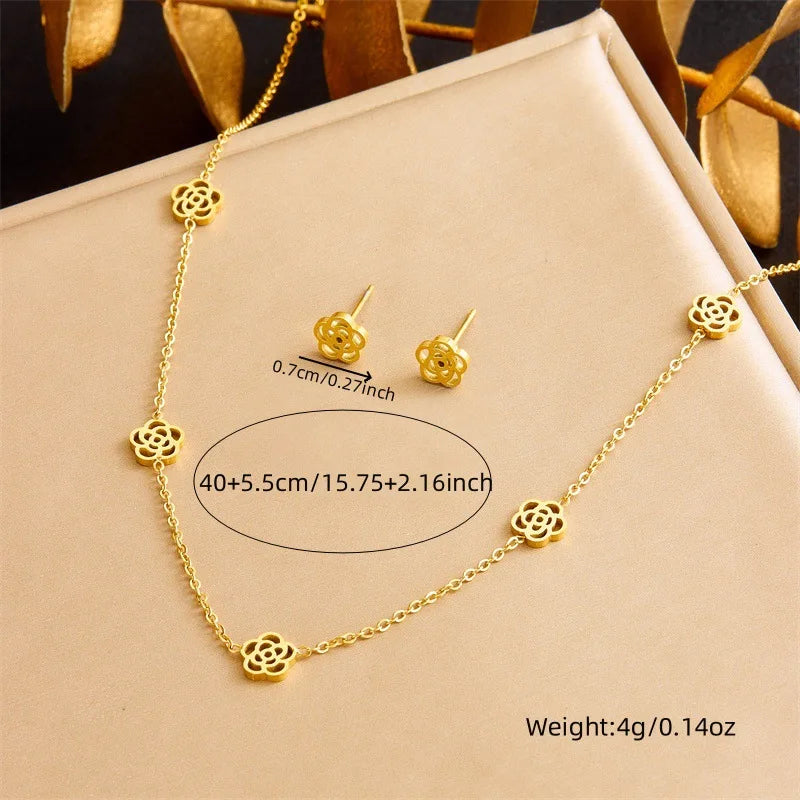 Gold Rose Flower Necklace, Earrings & Bracelet Jewellery Set | Romantic Luxury Set