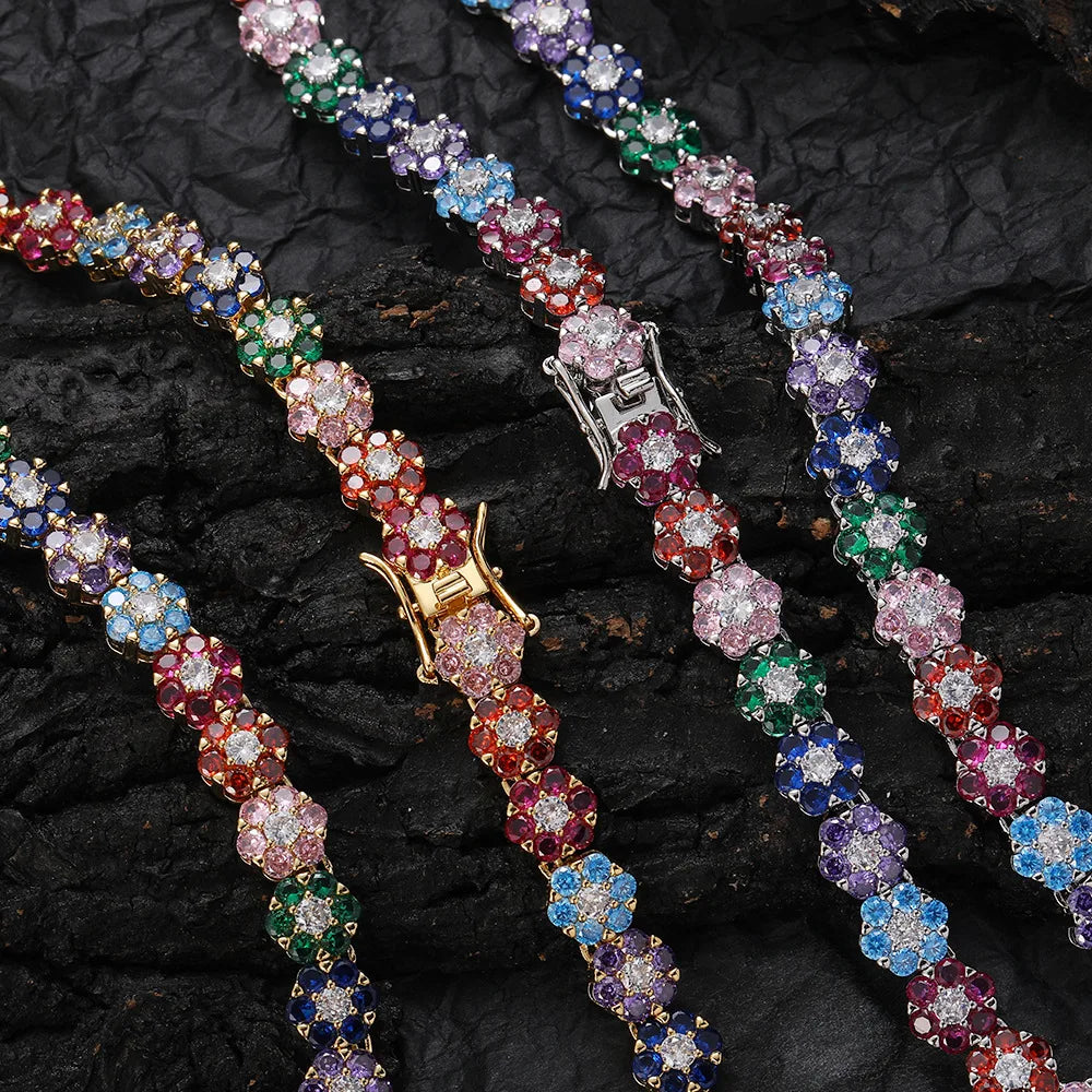Fashion Colorful Flower Charm Zircon Rainbow Tennis Necklace  for Women Luxury Bling Jewelry Gemstone Necklace