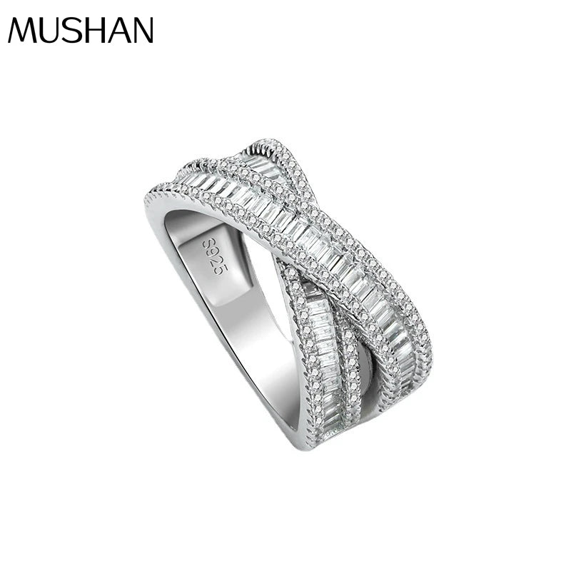 MuShan Jewelry Factory S925 Pure Silver Platinum Plated Crossed Zircon Double Layer Wedding Ring Luxury Design Party Anniversary