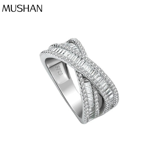 MuShan Jewelry Factory S925 Pure Silver Platinum Plated Crossed Zircon Double Layer Wedding Ring Luxury Design Party Anniversary