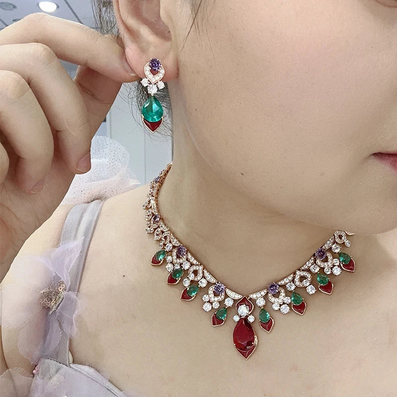 2025 New Women's High End Jewelry Brass Necklace Earrings Red Agate High Quality Zircon Luxury Wedding Gift