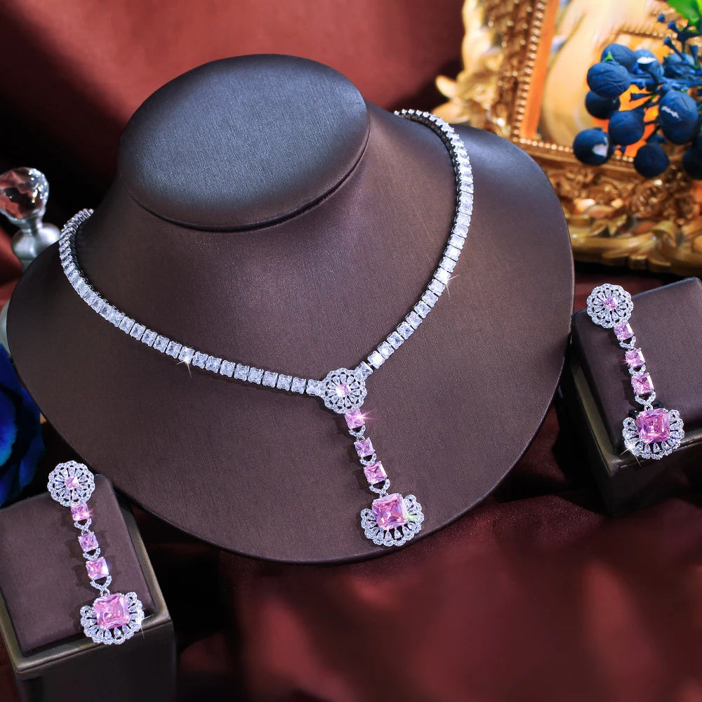 Glamorous Cubic Zirconia Necklace and Earrings Shimmering Pink White Jewelry Set for Women Wedding Anniversary Banquet Jewellery