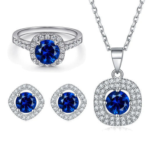 Vintage Square Colored Zircon Necklace/Earrings/Ring Set 925 Sterling Silver Rhodium Plated Women's Brides Wedding Anniversary