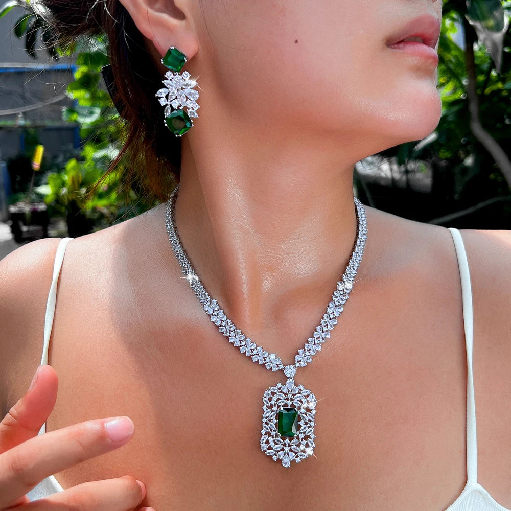 White Gold Color Blue Shiny Cubic Zircon Stone Indian Women Luxury Wedding Necklace and Earrings Costume Jewelry Set for Brides