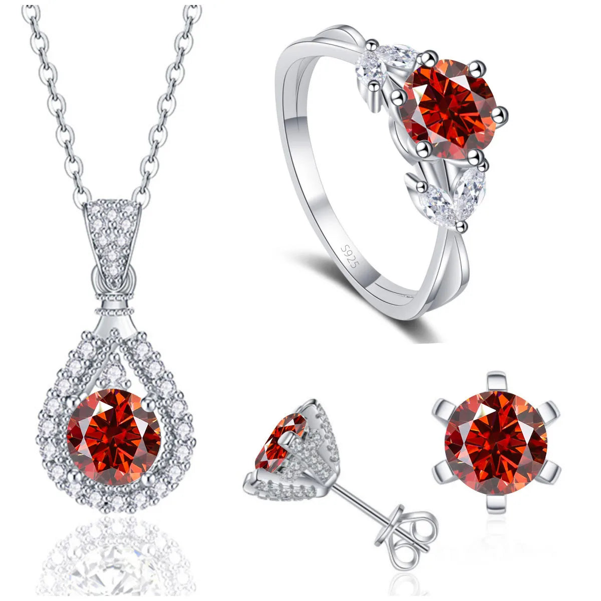 REDheart Fine 925 Sterling Silver Women's Wedding Bridal Jewellery Set Round Cut VVS Colored Moissanite Rings Necklace and Earrings Set