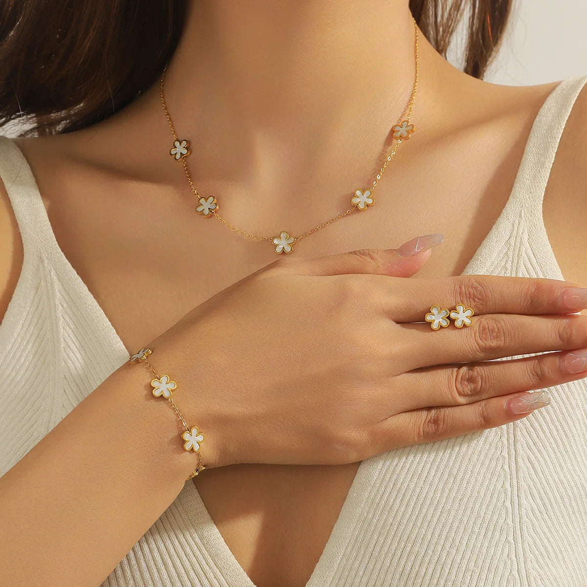 Gold White Flower Necklace, Earrings & Bracelet Jewellery Set | Exquisite Bridal Fashion Set
