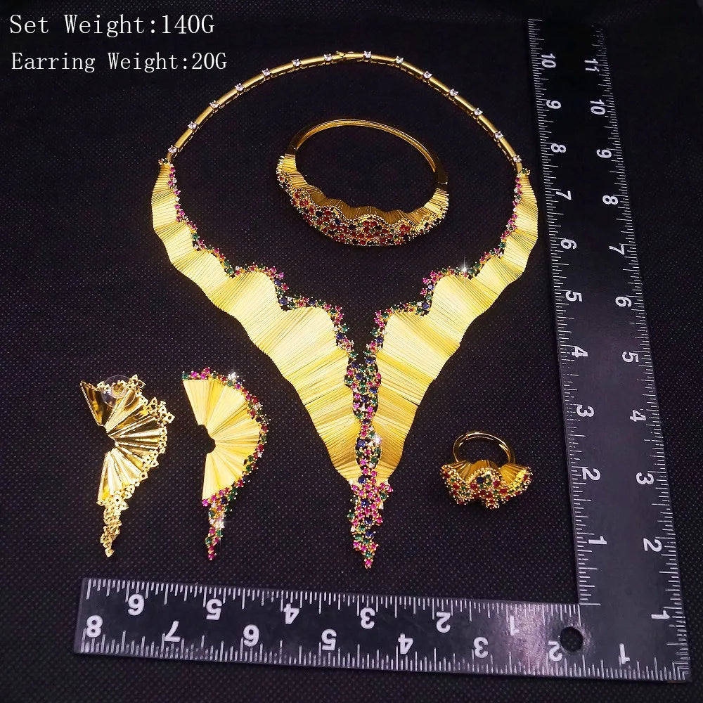 High End Luxury 18K Gold Plated Hyperbolic Africa Style Colorful Cubic Zirconia Full Paved 4 Pieces Jewelry Set