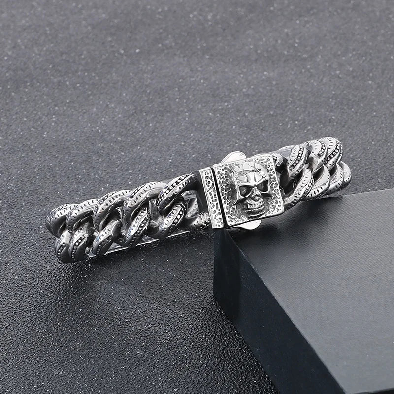 KALEN Punk Fine Jewelry Fashion Bracelets Men Cuban Style Stainless Steel Skull Links Bracelet Bangle