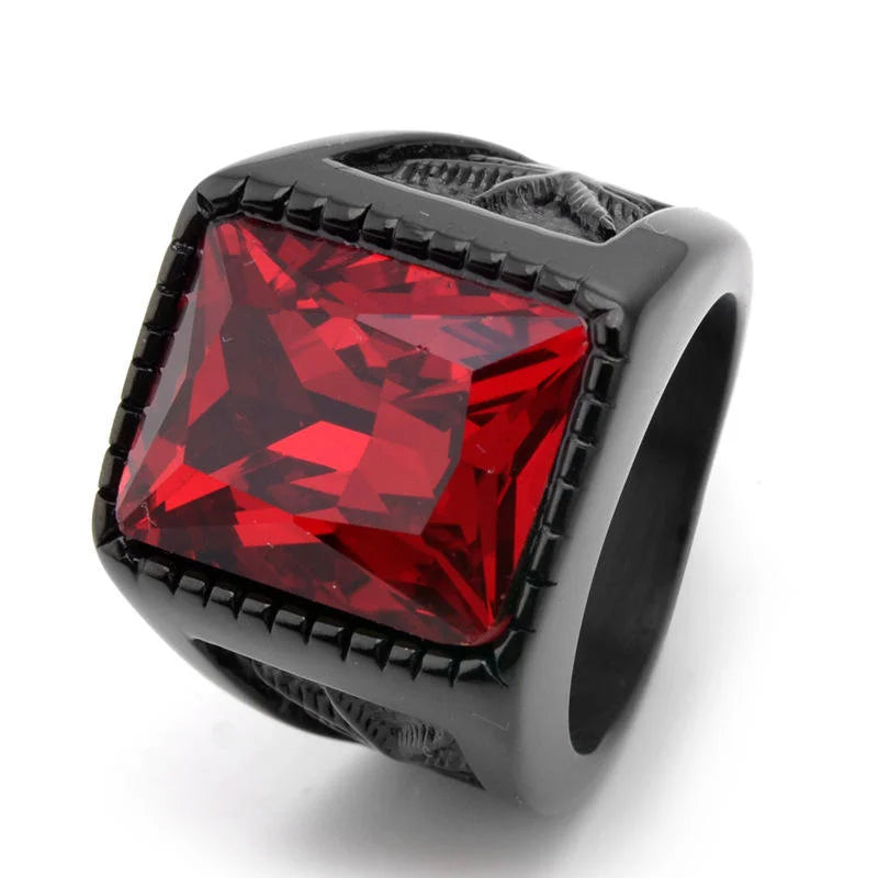 REBEL Fashion Jewelry Square Artificial Gemstone Maple Leaf Carving Stainless Steel Ring for Men Party Gifts