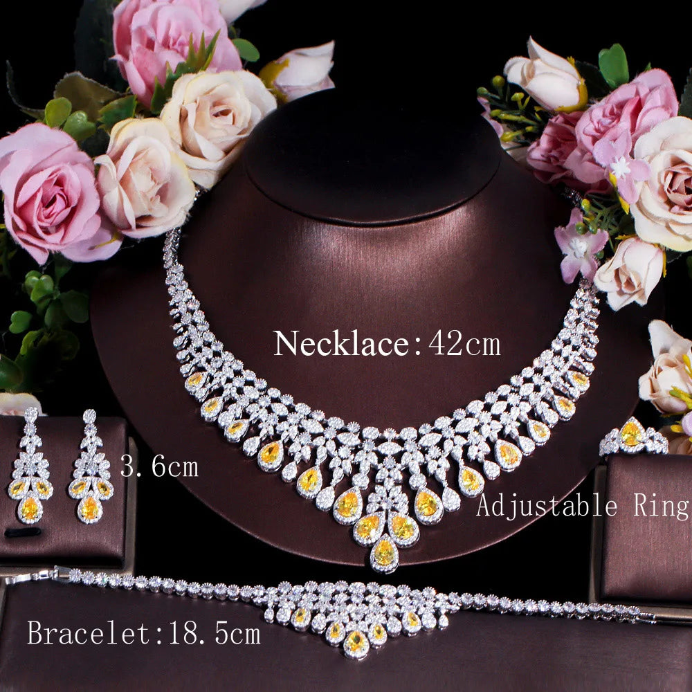 Saudi Arabia Yellow Cubic Zircon Crystal Luxury Dubai Wedding Bridal Jewelry Set Big Tassel Necklace for Women Engagement