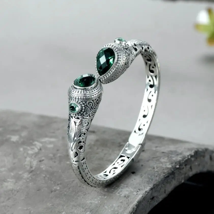 REBEL S&S REBEL Emerald Gemstone 925 Sterling Silver Bangle | Princess Cut | Rhodium Plated | Luxury | Collection