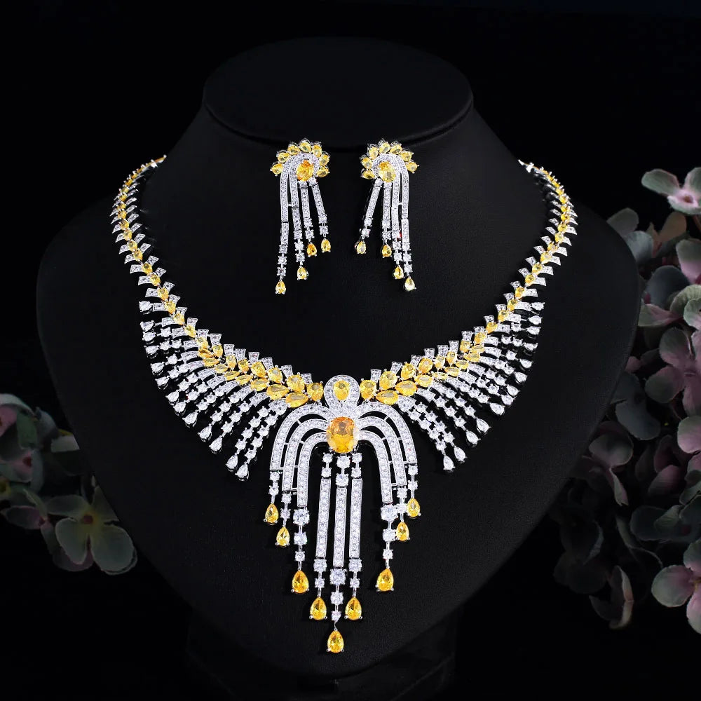 Luxury 5A Pear-Cut Yellow Zirconia Bohemian Necklace & Earrings Bridal Set — Rhodium Plated