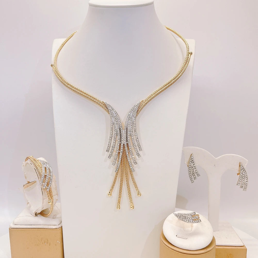 Zhuerrui Elegant Gold Plated Tassel Jewelry Set Rhinestones Women Necklace Earrings Bracelet Ring Set Evening Dress X0011330