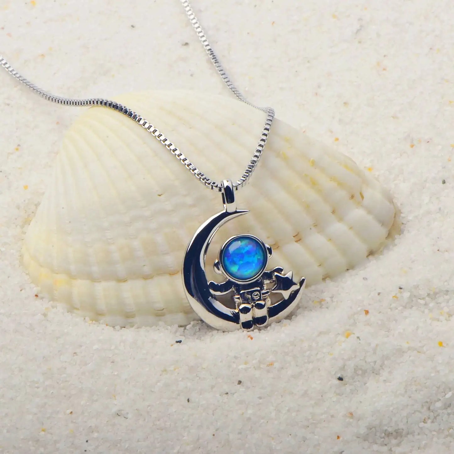 Ins Style Blue Opal Spaceman Necklace - Trendy Nightingale Charm Statement Jewelry Bulk