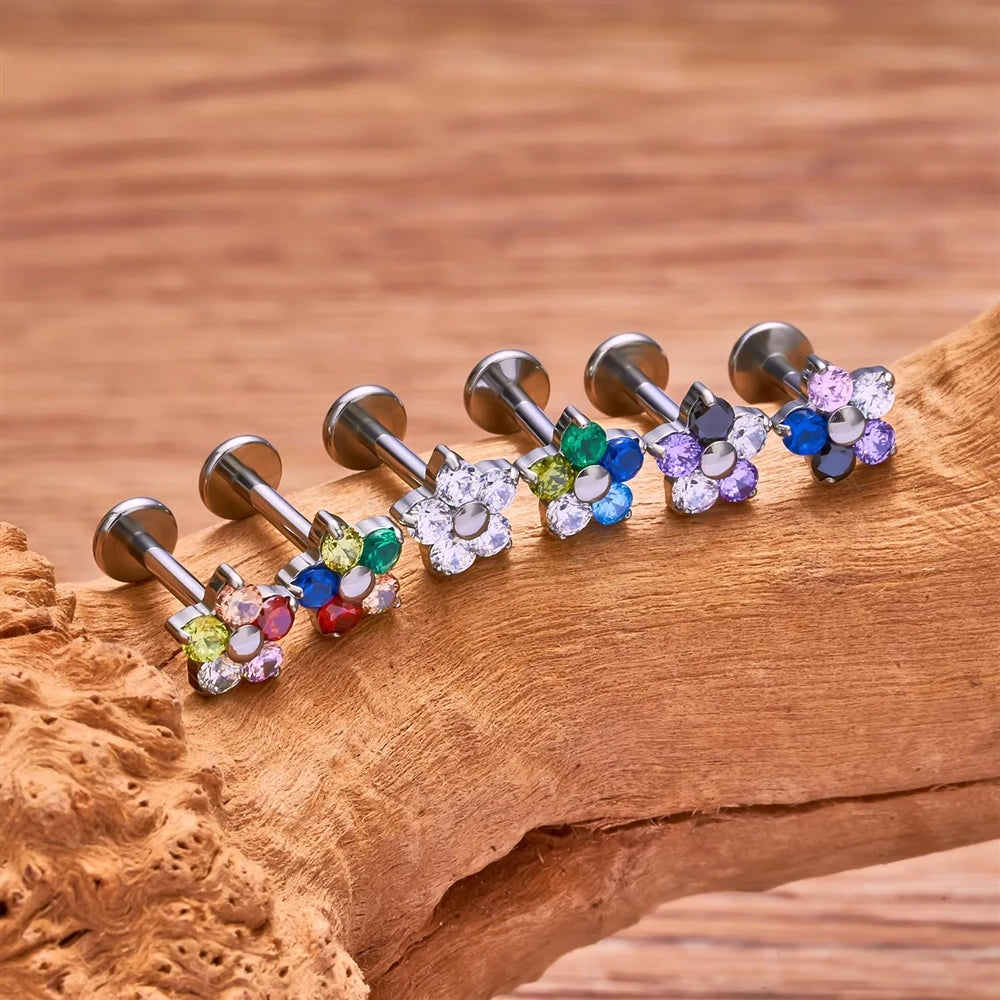 ASTM F136 Titanium 16G Internal Thread Zircon Inlay Labret Flat Back Lobe Helix Tragus Moon Cross Earrings Piercing Jewelry