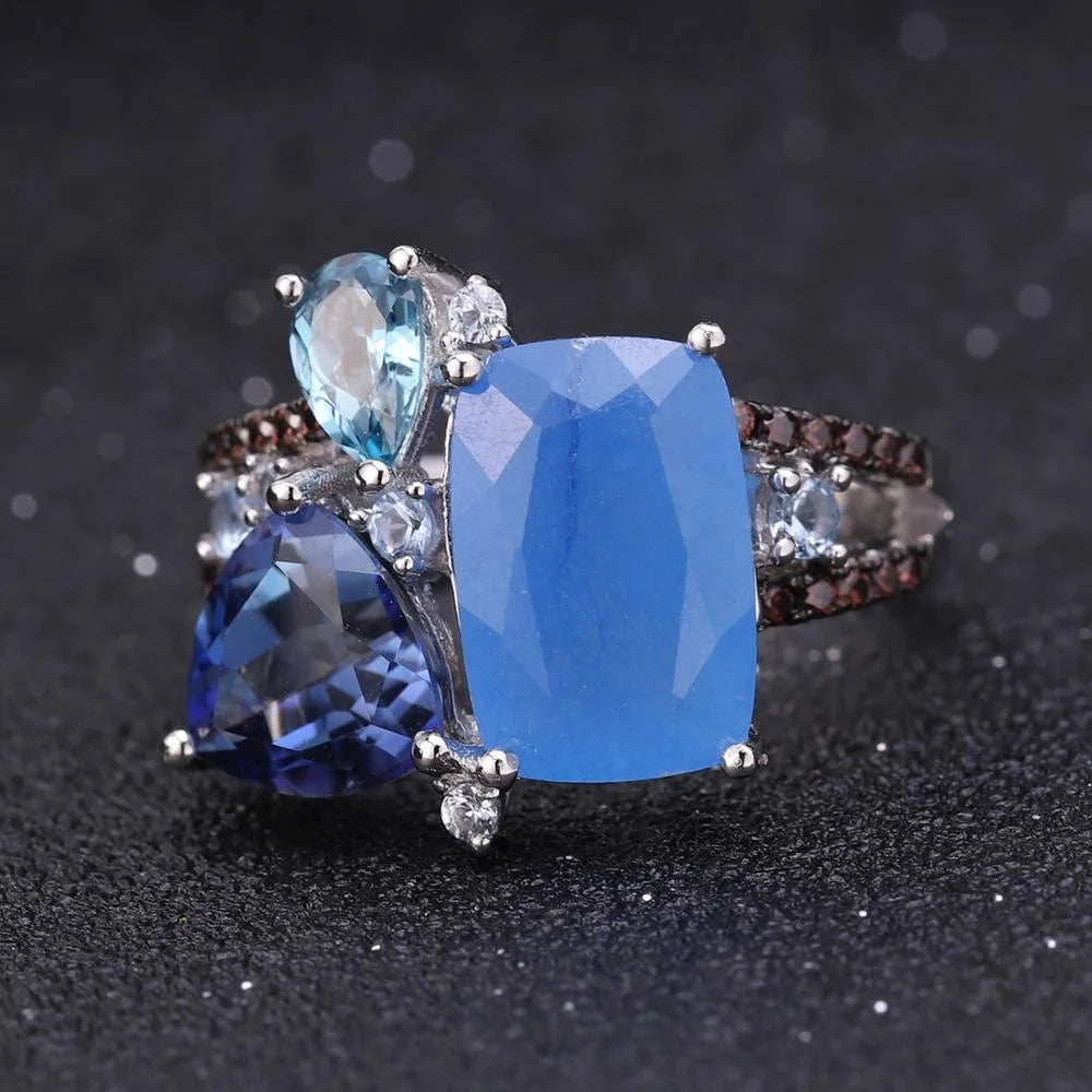 ArtistA Abiding OEM Custom Women Jewelry Natural Gemstone 925 Sterling Silver Aqua-Blue Chalcedony Blue Topaz Quartz Ring Earrings Set