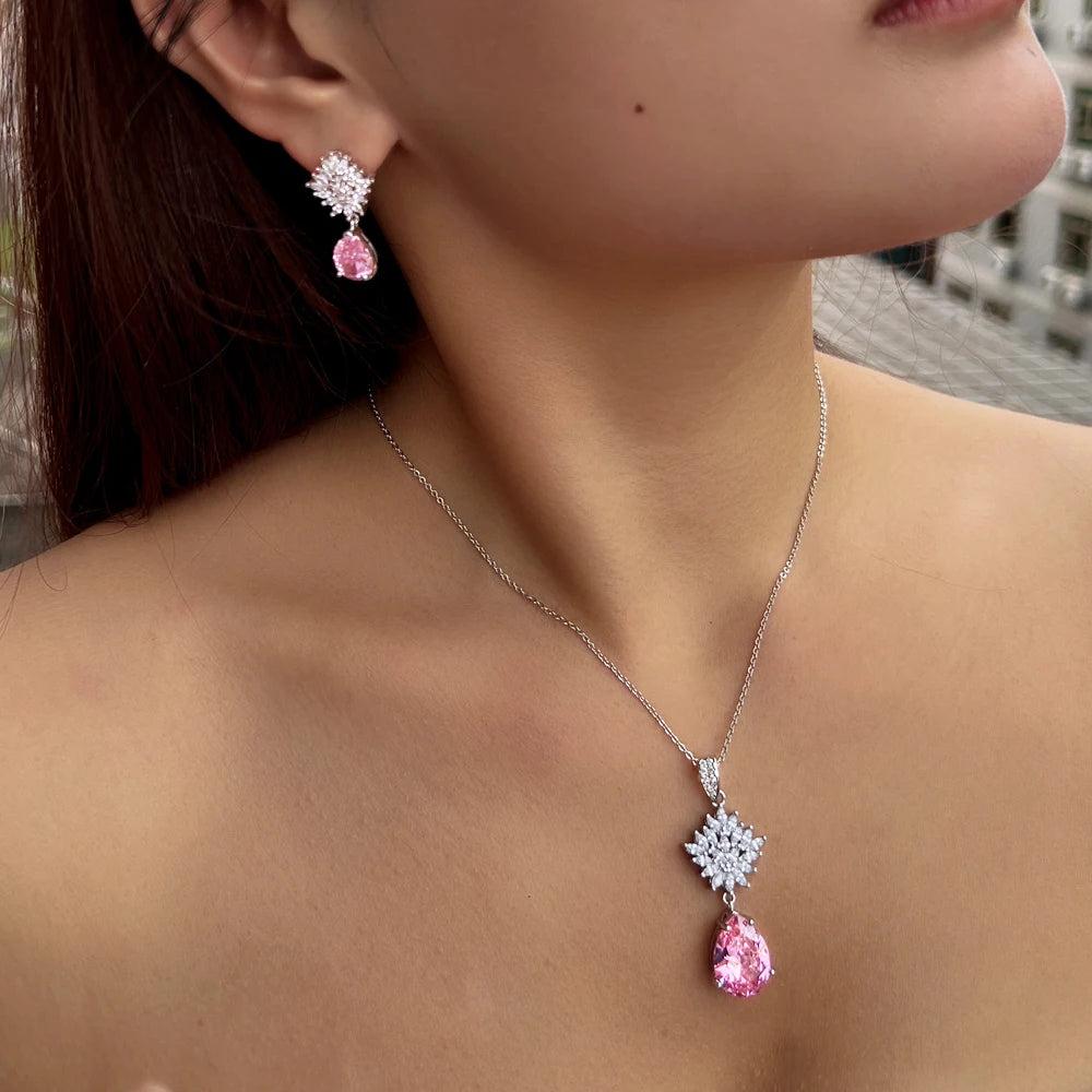 Gorgeous Pear Cut Cubic Zirconia Necklace and Earrings Engagement Pink Pendant Jewelry Set for Women Dairy Wear Accessories