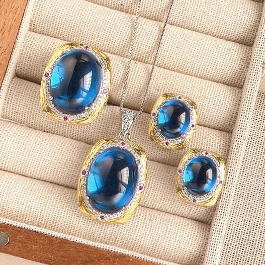 Gemfiori Fashionable Design Sea Blue cat Eye Zircon Earrings Retro Light Luxury Elegant Necklace Ring Versatile Exquisite Accessories