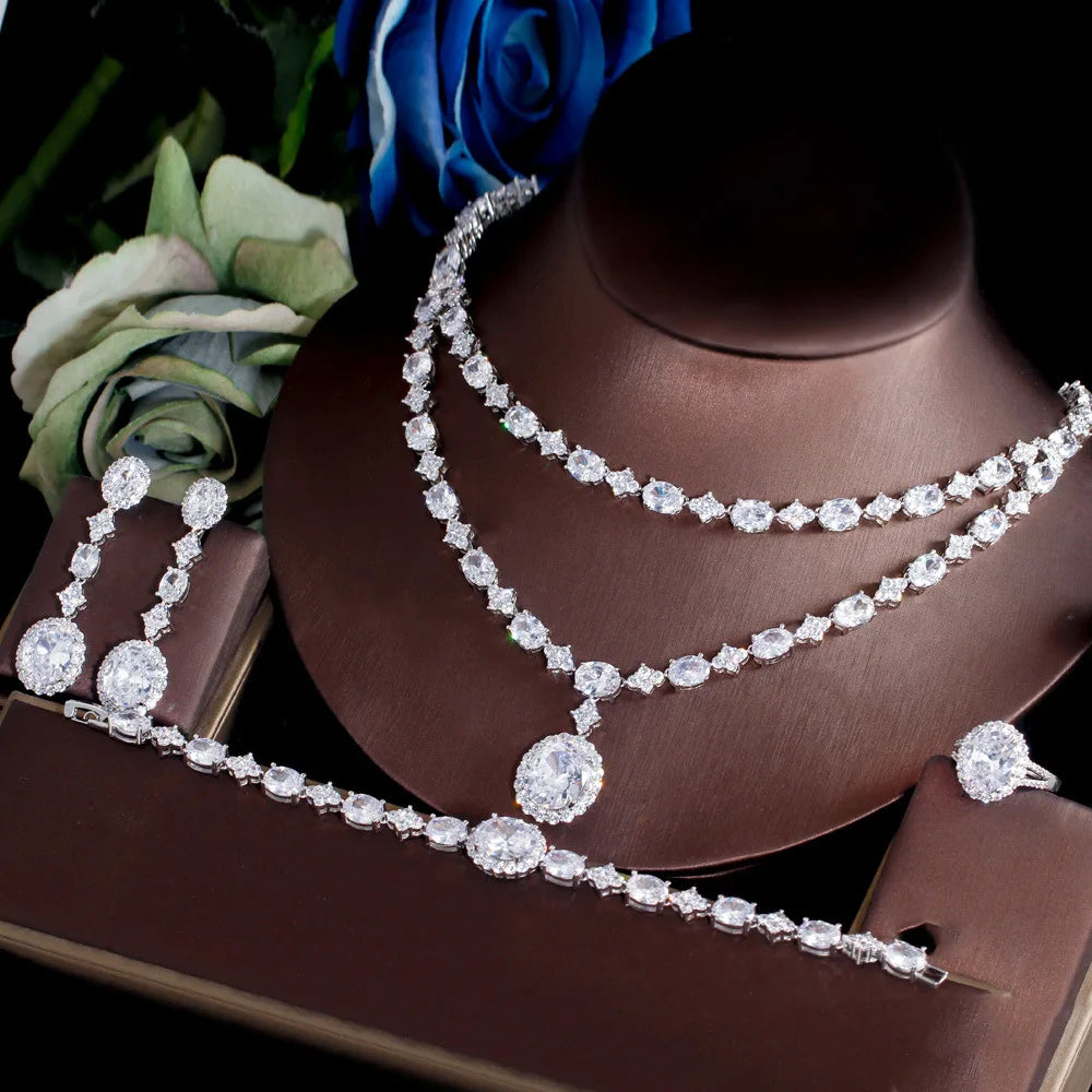 Read to Ship 4pcs Jewelry Sets Luxury Bridal White Zirconia Diamond Gorgeous 4 Pcs Jewelry Set