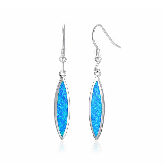 Sleek Marquise Opal Drop Earrings - Blue Fire Opal Inlaid Slim Frame Design | Minimalist Daily Jewelry Bulk Gifts