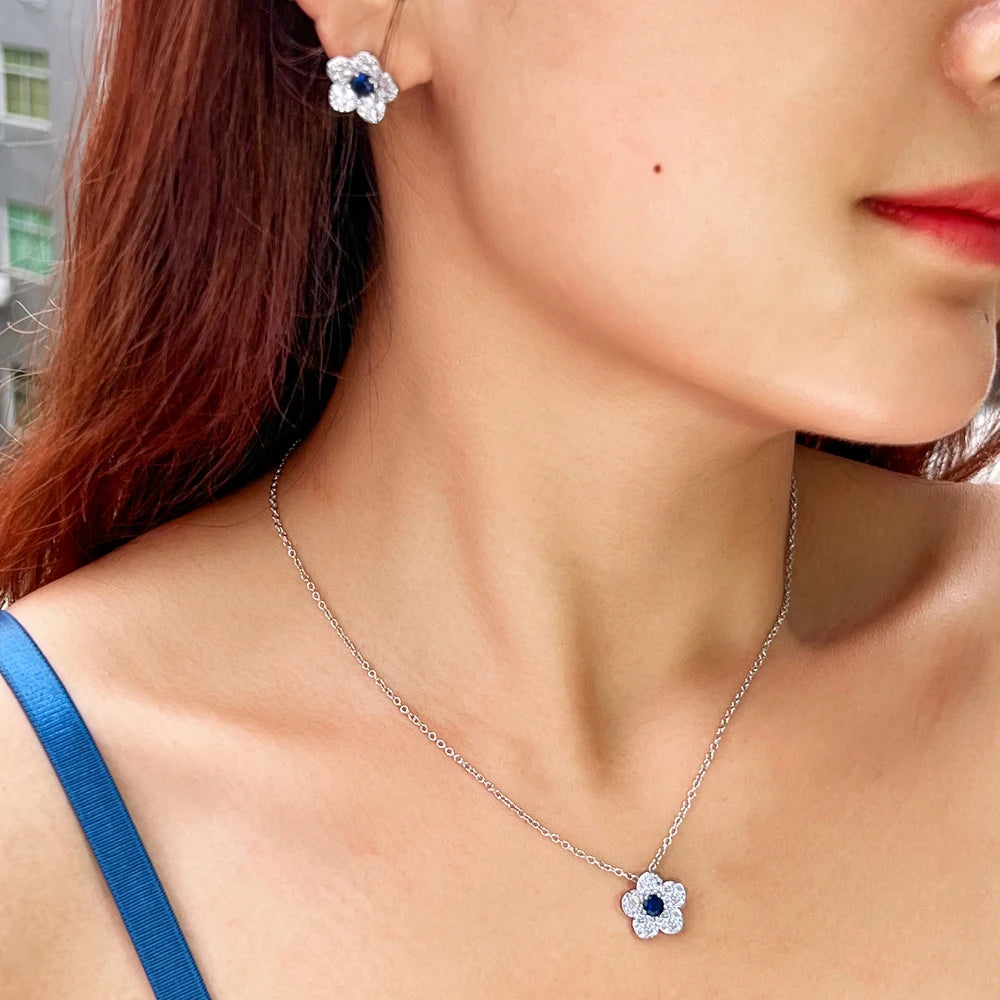 S&S Flower CZ Necklace & Earrings Set – Red, Blue, White & Green – Collection