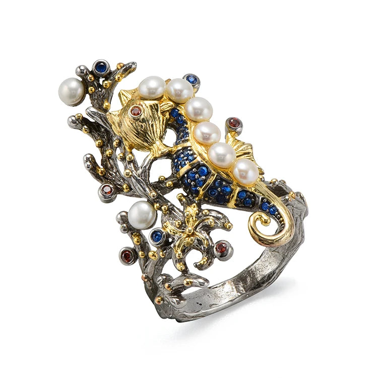 Fashionable Original Design Elegant Sea Horse Design Fashion Button Pearl Silver Wedding Ring
