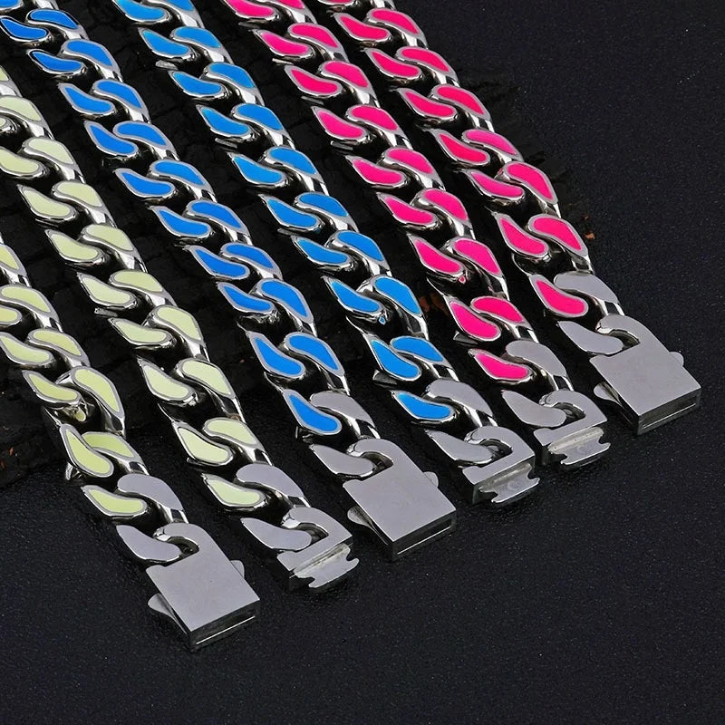 Hip Hop 12mm Colorful Oil Drop Stainless Steel Cuban Chain Niche Necklace Bracelet For Men