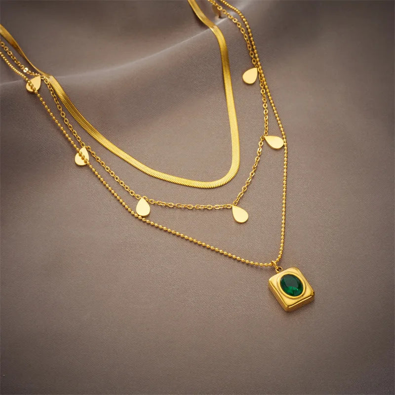 Gold Multi-Layer Chain & Green Crystal Necklace & Earrings Jewellery Set | Dramatic Luxury Set