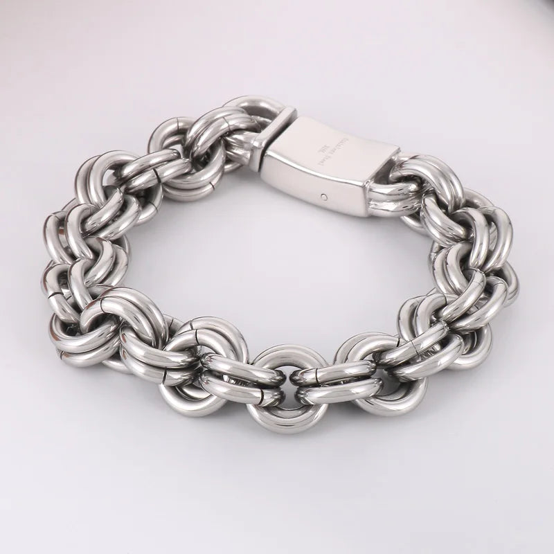 KALEN 230mm Men Casual Stainless Steel Double-Ring Links Bracelet