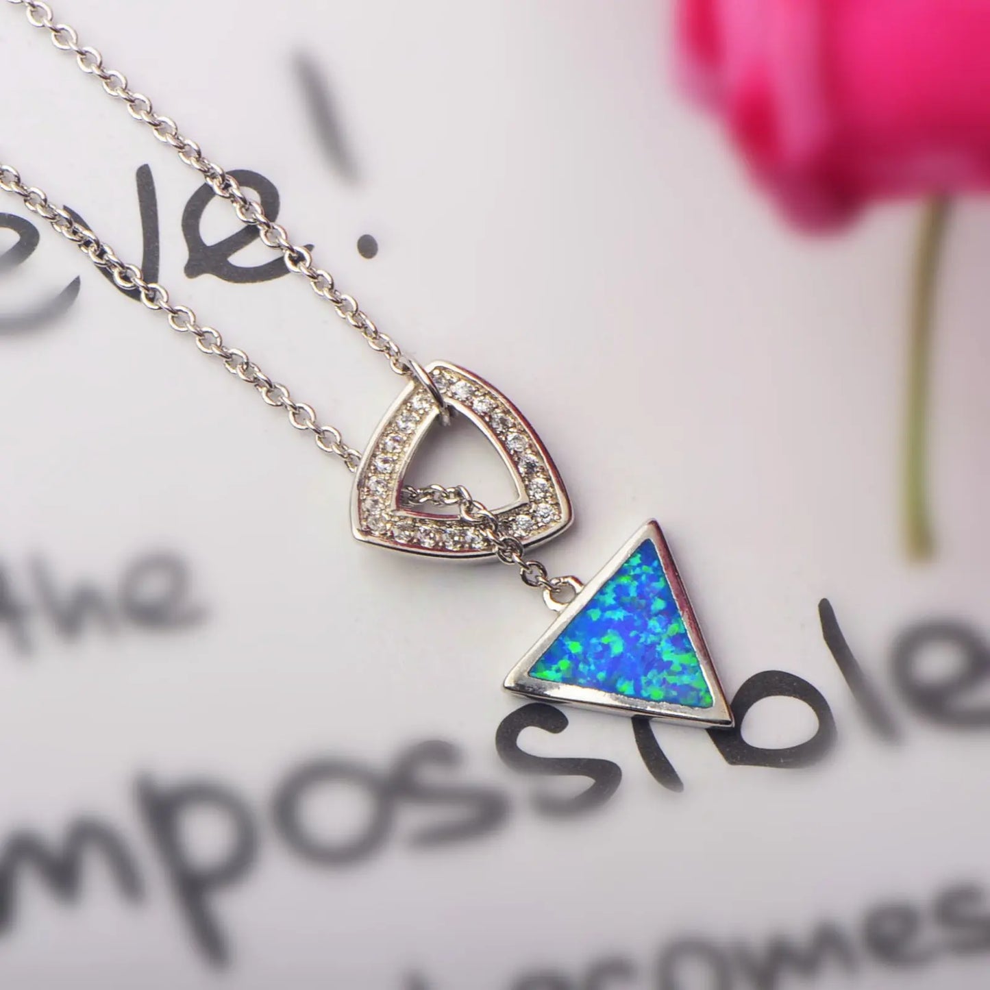 Geometric Copper Silver Plated Opal CZ-Accented Pendant Necklace | Trendy Women's Sweater Chain Jewelry Bulk Gifts