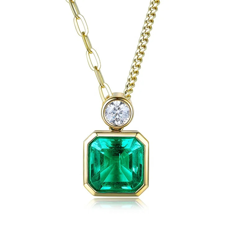 Gemfiori Classic Design Asscher Cut 18k Rose Gold Plated Lab Grown Emerald Pendant Necklace Colombia Green Engagement Wedding Party