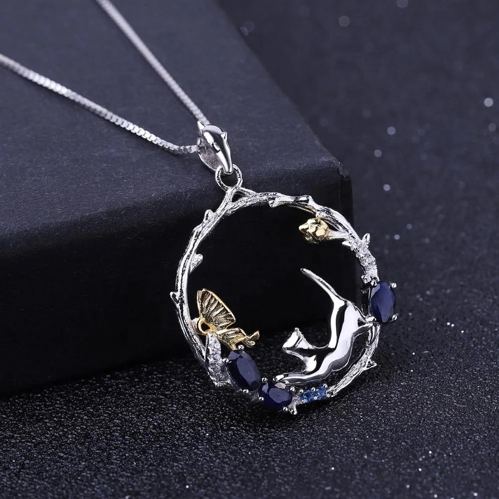 ArtistA Abiding OEM Jewelry Set 925 Sterling Silver Ring Earring Necklace Gemstone Sapphire Cat & Butterfly Women Jewelry Set