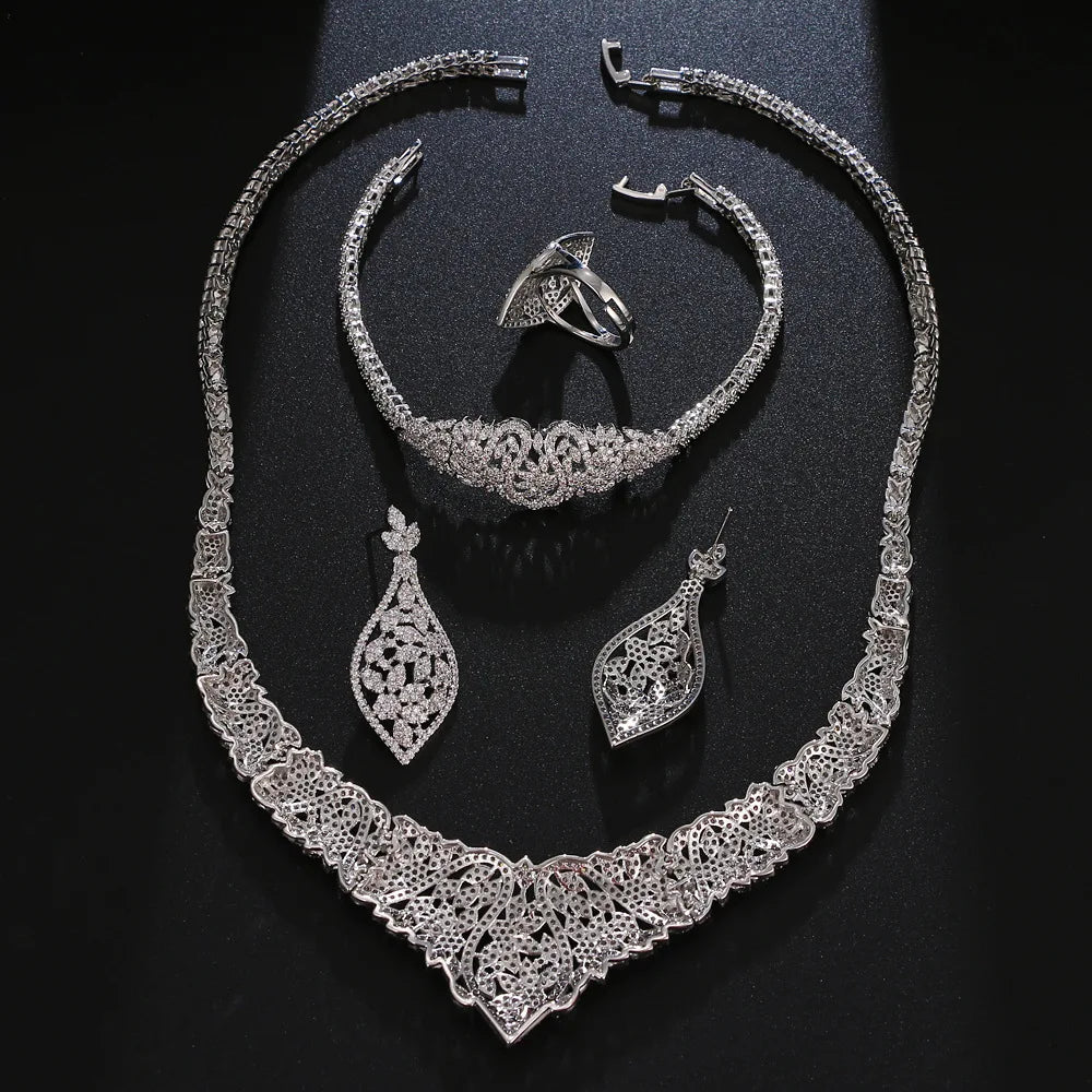 Luxury Sparkly Zirconia 4-Piece Indian & African Geometric Bridal Set — Gold & Rhodium Plated