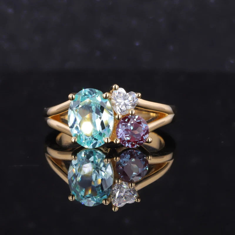 Gemfiori Starsgem 18K Yellow Gold Fashion Jewelry Rings Lab Paraiba and Alexandrite Gemstones Rings