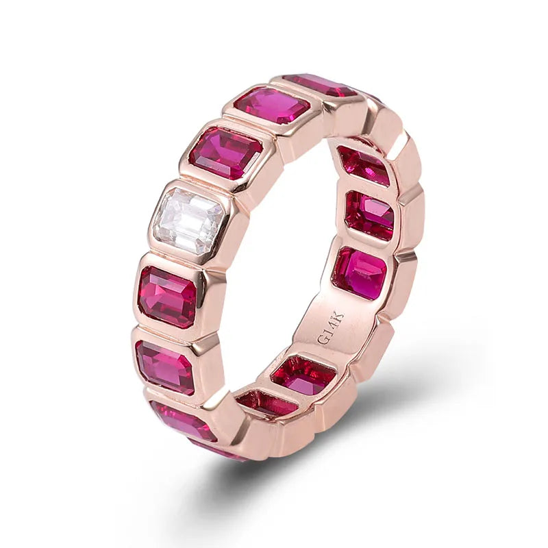 Gemfiori 6ct Emerald Cut pink Lab Grown Gemstone Ring Luxurious 18K Rose Gold Handmade Original Design Rings Jewelry Women Daily Wear