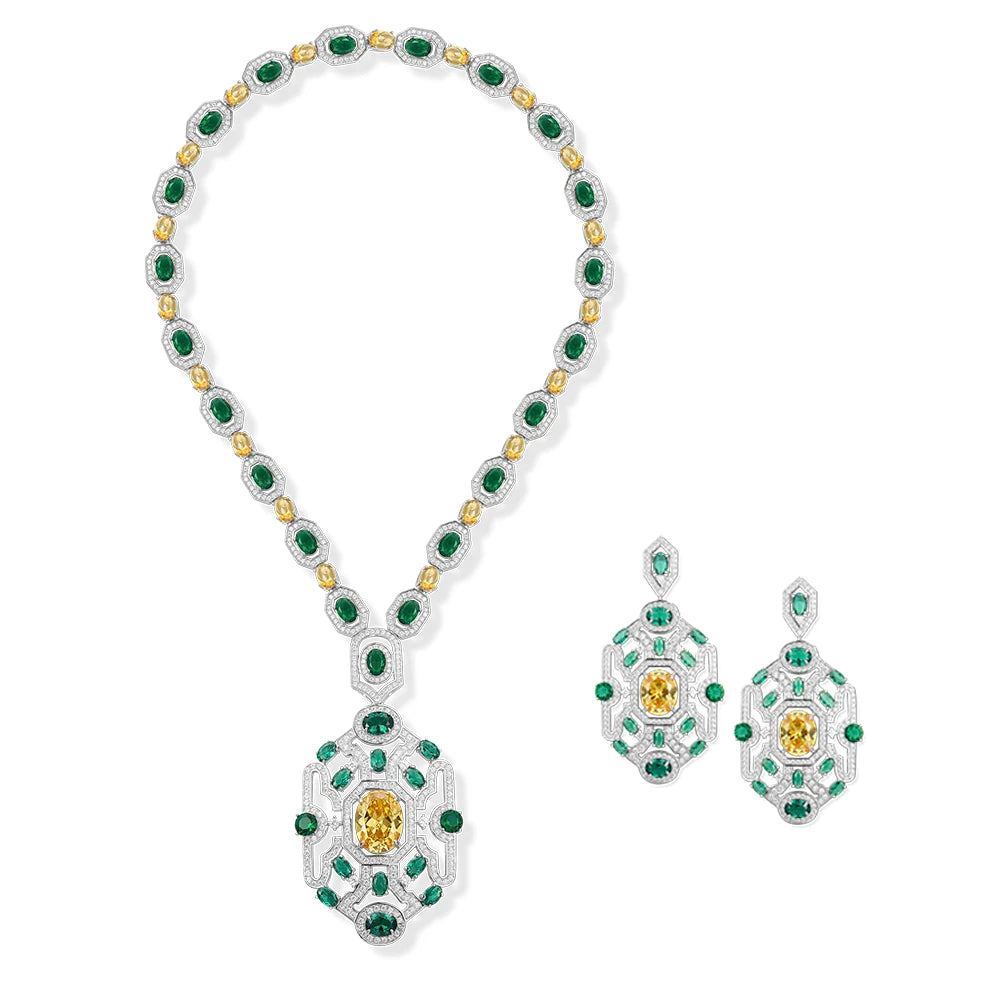 Factory Wholesale Brass Material Inlaid with Zircon Green Women's Jewelry Set  Classic Necklace Wedding Party