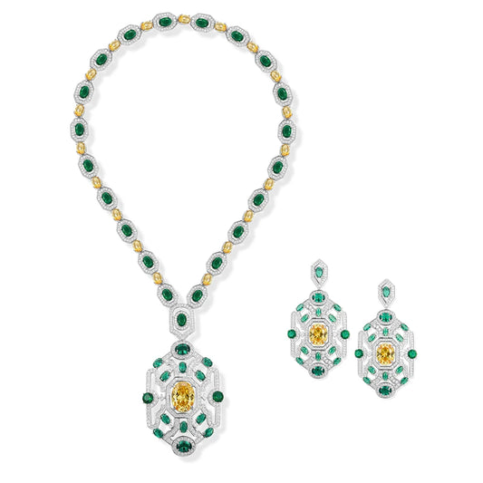 Factory Wholesale Brass Material Inlaid with Zircon Green Women's Jewelry Set  Classic Necklace Wedding Party