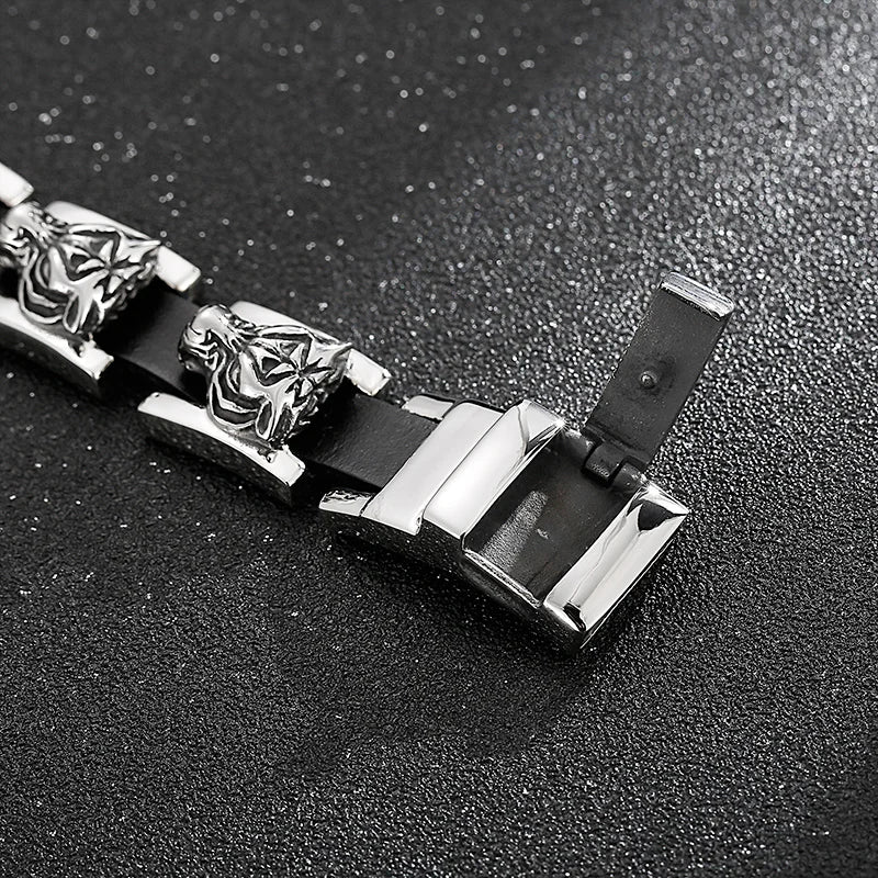 REBEL Punk Fine Jewelry Fashion Bracelets Stainless Steel Leather Tiger Charm Links Bracelet