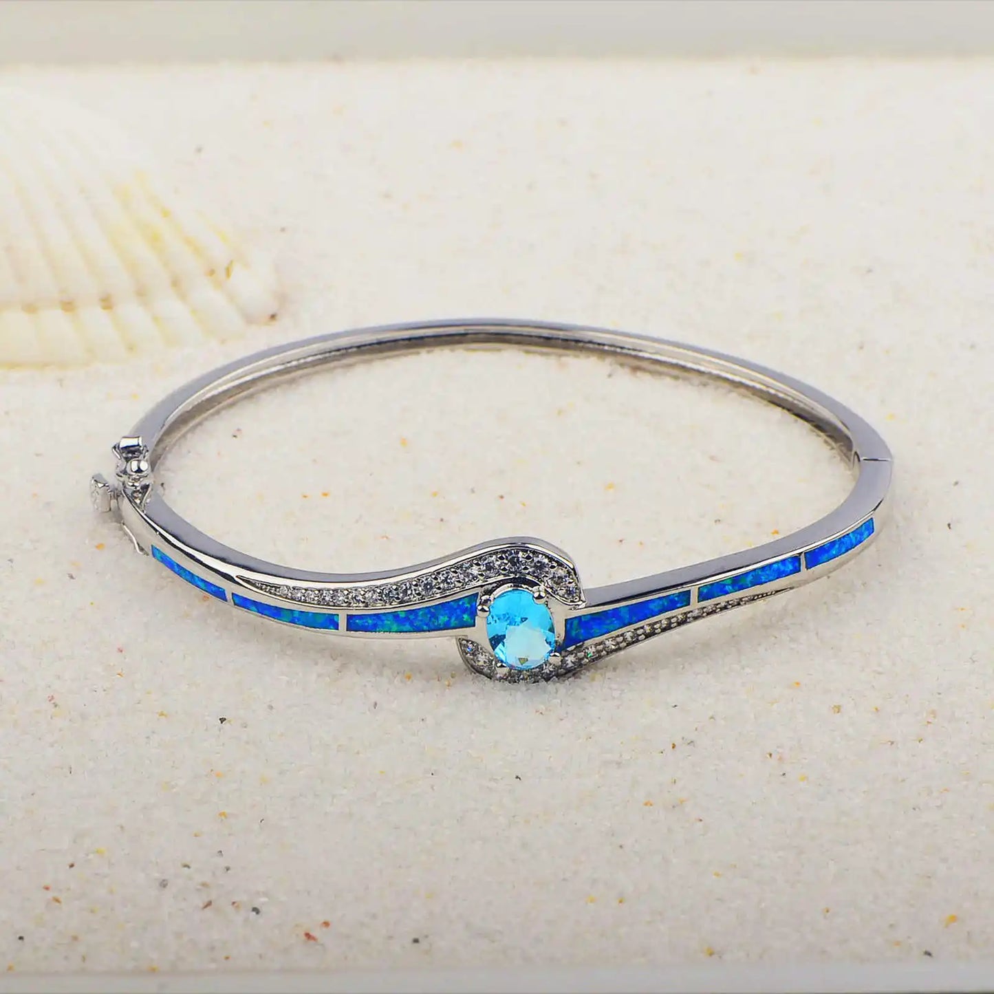 Elegant Blue Opal Bangle Aobao Aquamarine Crystal Inlaid Silver Tone Fashion Jewelry