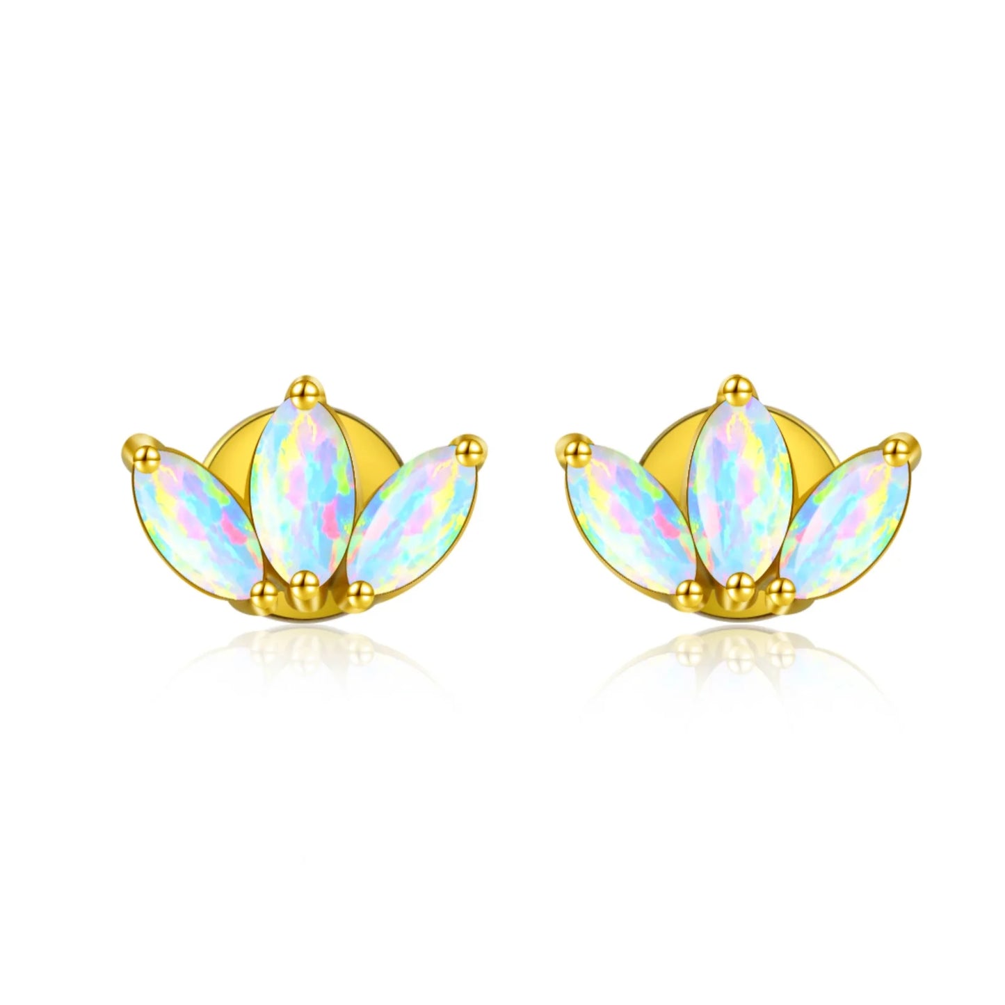 Flower Opal Stud Earrings - Blue Fire Opal Eye Detail Design | Playful Daily Jewelry Bulk Gifts