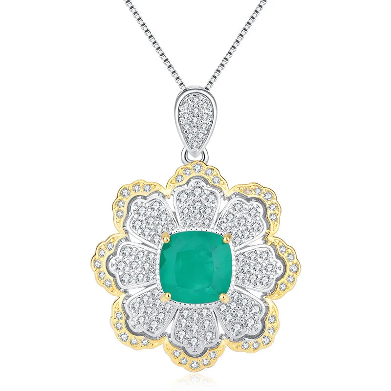Gemfiori Blooming Flowers Inlaid with Rich Green Zircon Ring Pendant Clavicle Chain Set Star Charm Pattern Jewelry