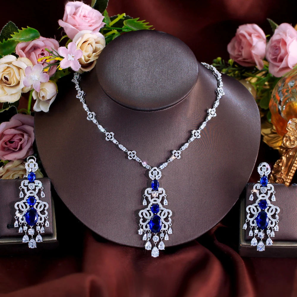 Top Quality Royal Blue Cubic Zirconia African Long Big Statement Necklace Earrings 2Pcs Sets for Women Evening Party Jewelry